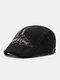 Men Distressed Washed Cotton Letter Geometric Arrow Embroidery Casual Beret Flat Cap - Black