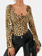 Leopard Print Knotted Long Sleeve Blouse For Women - Yellow