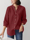 Solid Button 3/4 Sleeve V-neck Blouse For Women - Wine Red