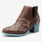 Plus Size Women Comfy Embroideried Pointed Toe Chunky Heel Single Boots - Brown