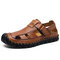 Men Hand Stitching Leather Non-slip Hook Loop Casual Outdoor Sandals - Red Brown