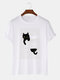 Mens Cute Cat Pinstripe Graphic 100% Cotton O-Neck Short Sleeve T-Shirts - White
