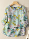 Damen-Bluse mit Aquarell-Blumendruck, Rüschenbesatz und Knopfdesign - Grün