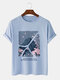 Mens Cherry Blossoms Mountain Graphic Short Sleeve Cotton T-Shirts - Blue