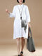 Painting Button Stand Collar Long Sleeve Print Shirt Dress - White
