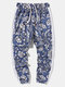 Mens Floral Print Side Stripe Patchwork Loose Drawstring Pants - Blue