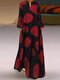 Women Print Notch Neck Long Sleeve Vintage Dress - Red