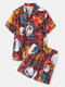 Plus Size Women Japanese Style Umbrella Print V-Neck Kimono Comfy Cotton Sauna Loungewear - Red