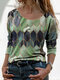 Print O-neck Long Sleeve Plus Size Vintage T-shirt for Women - Green
