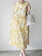 Wave Pattern Sleeveless Round Neck Print Dress - Yellow