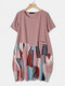 Colorblock Patchwork Pocket Short Sleeve Plus Size Dress - Pink
