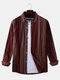 Mens Fashion Striped Long Sleeve Turndown Collar Casual Cotton Designer Shirts - Wine Red