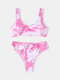 Women Gradient Hollow Out Wide Strap High Waist Drawstring Panty Bikinis Swimwear - Pink