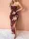 Tube Top High Slit Random Floral Print Sleeveless Dress - Wine Red