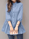Solid Button Front A-line Stand Collar 3/4 Sleeve Blouse - Blue