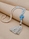 Vintage Ethnic Cross Tassel Pendant Wooden Beads Turquoise Crystal Beads Necklace - Beige