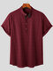 Mens Plaid Stand Collar 100%Cotton Henley Shirt - Wine Red