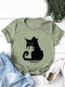 Cartoon Katze Bedrucktes Kurzarm-T-Shirt mit Rundhalsausschnitt für Damen - Armee