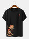 Mens Japanese Cat & Fish Print Crew Neck Short Sleeve T-Shirts - Black
