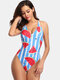 Women Watermelon Print Striped V-Neck Backless Shaped Cool Summer One Piece - Blue