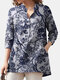 Casual Floral Pattern Lapel Collar Button Pocket Loose Blouse - White