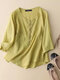 Women Embroidered Pocket Half Button Casual 3/4 Sleeve Blouse - Green