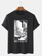 Mens Monochrome City View Japanese Print Cotton Short Sleeve T-Shirts - Black