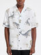Mens Whale Print Revere Collar Button Up Short Sleeve Shirts - White