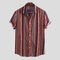 Mens Summer Hit Color Striped Print Turn Down Collar Short Sleeve Loose Casual  - Red