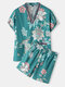 Mens Floral Print Cotton V-Neck Sauna Clothes Comfy Home Casual Pajamas Sets - Green
