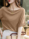 Женская однотонная блузка с короткими рукавами Шея - Хаки