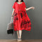 Cotton Linen National Style Printed Literary Retro Dress - Red