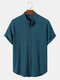 Mens Solid Color Texture Stand Collar Basics Short Sleeve Shirts - Blue