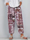Vintage Print Elastic Waist Plus Size Pants with Pockets - Red