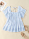 Guipure Lace Solid Square Collar Short Sleeve Blouse - Blue