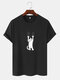 Mens Cartoon Cat Graphic Crew Neck Cotton Short Sleeve T-Shirts - Black