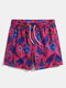 Men Floral Print Geometric Printed Mesh Lining Drawstring Beach Surfing Quick Drying Swim Shorts - Rose