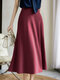 High Waist A-line Solid Satin Skirt For Women - Wine Red