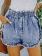 Ruffle Elastic Waist Pocket Casual Denim Shorts For Women - Blue