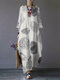 Bedruckte Seitentaschen O-Ausschnitt Baumwolle mit 3/4 Ärmeln Kleid - Weiß