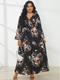 Floral Print V-neck Bell Sleeve Elastic Strap Plus Size Dress for Women - Black