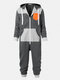 Men Comfy Contrast Color Hooded Jumpsuits Drawstring Loungewear Onesies With Handy Pockets - Grey