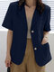 Solid Pocket Button Front Short Sleeve Lapel Casual Blazer - Navy