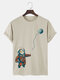 Mens Cartoon Astronaut Cat Print Crew Neck Short Sleeve T-Shirts - Khaki