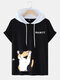 Mens Cute Cat Japanese Print Short Sleeve Contrast Hooded T-Shirts - Black