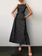 Solid Ruffle Pocket Sleeveless Square Collar Maxi Dress - Black