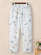 Damen-Hose mit Blumen- und Pflanzendruck, Urlaubshose mit elastischem Bund - Weiß