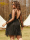 Plus Size Star Backless Design Sequins Embellished Dress - Black