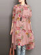 Plants High-low Button Long Sleeve Stand Collar Vintage Dress - Pink