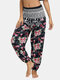 Bohemian Floral Print Sports Yoga Bloomers Pants with Pocket - Black#1